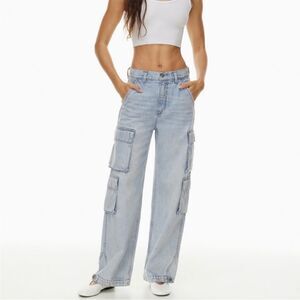 Denim Forum The 90’s Millie Hi-Rise Cargo Blue Distressed Denim Jeans Modern